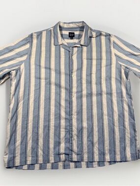 GAP-Men’s Linen Blend Camp Shirt Striped Short Sleeve Button Up Summer Sz XXL